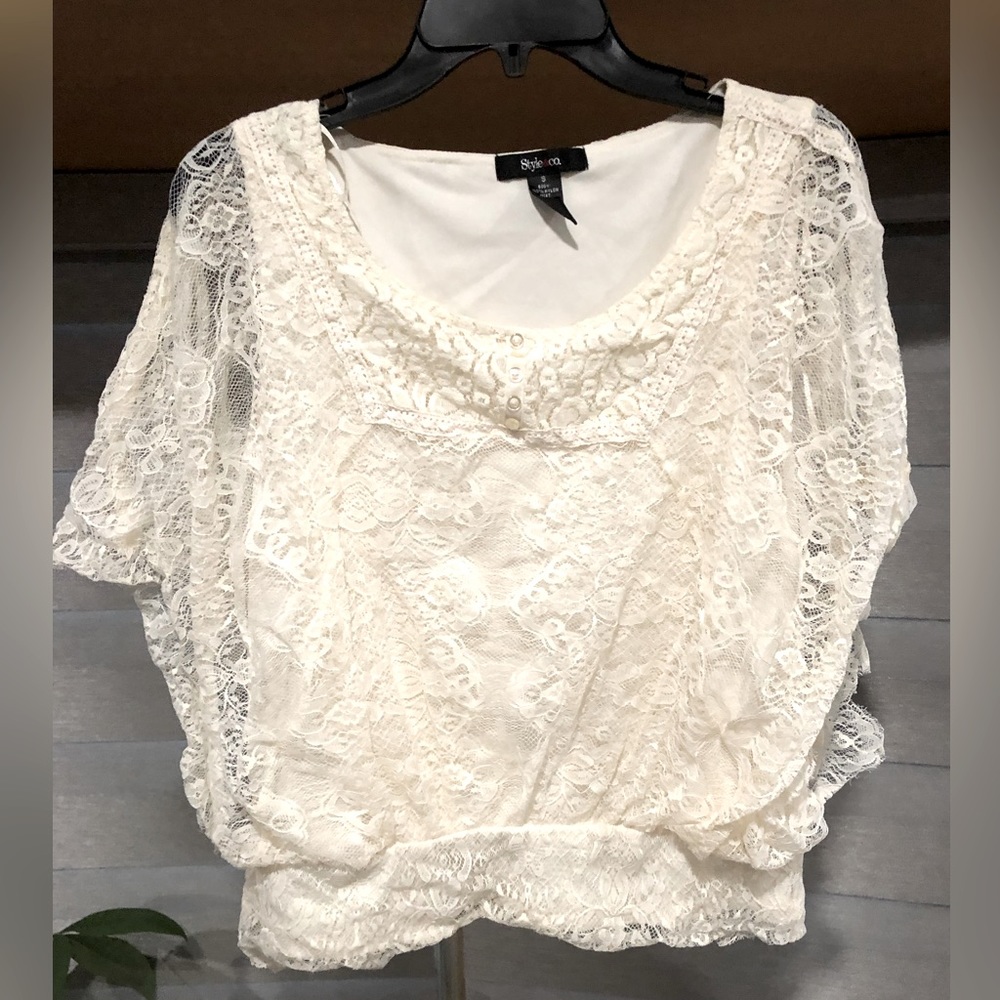 Style & co White lace short sleeve shirt 
- size s